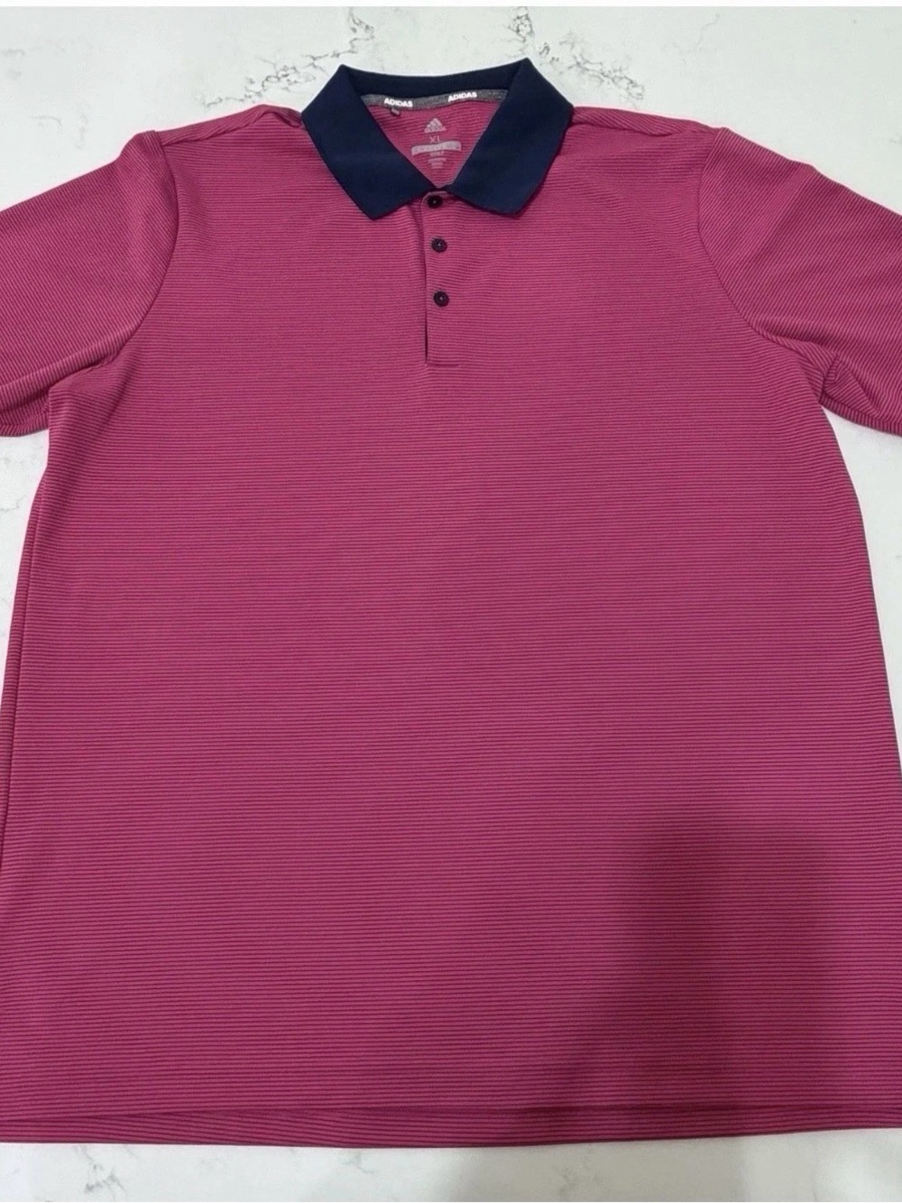 Adidas Golf Shirt Men's XL Short Sleeve Polo Striped Pink Magenta Navy Collar